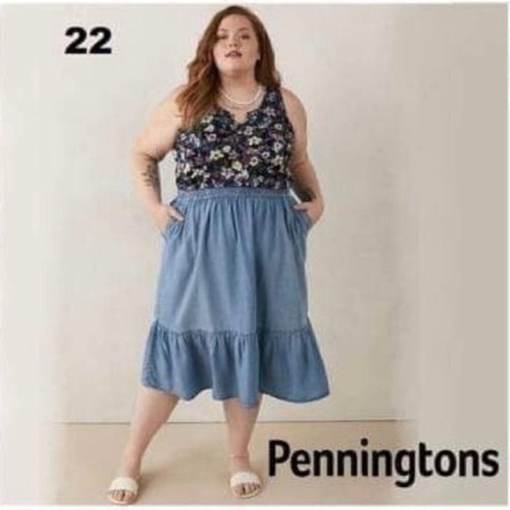 Penningtons, Women's Tiered Midi Skirt, Bohemian - Light Wash Size: 22
